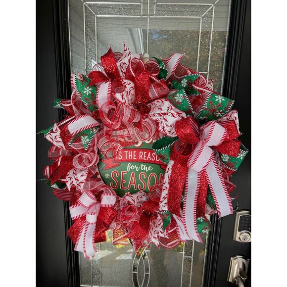 Whimsical Deco Mesh Christmas Jesus Is The Reason For The Season Door Wreath - Picture 1 of 8
